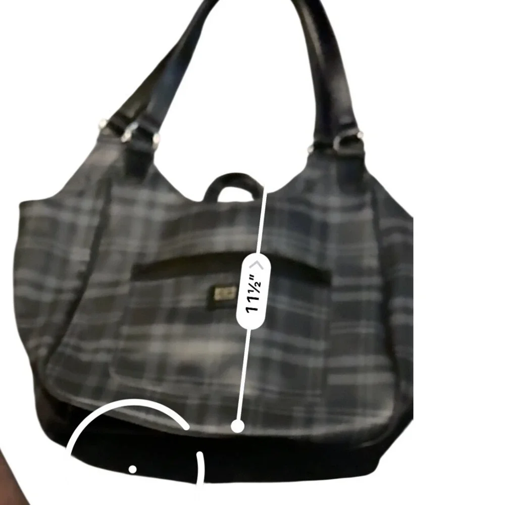Tommy Hilfiger Plaid Hobo Shoulder Bag Black Gray Silver Buckle